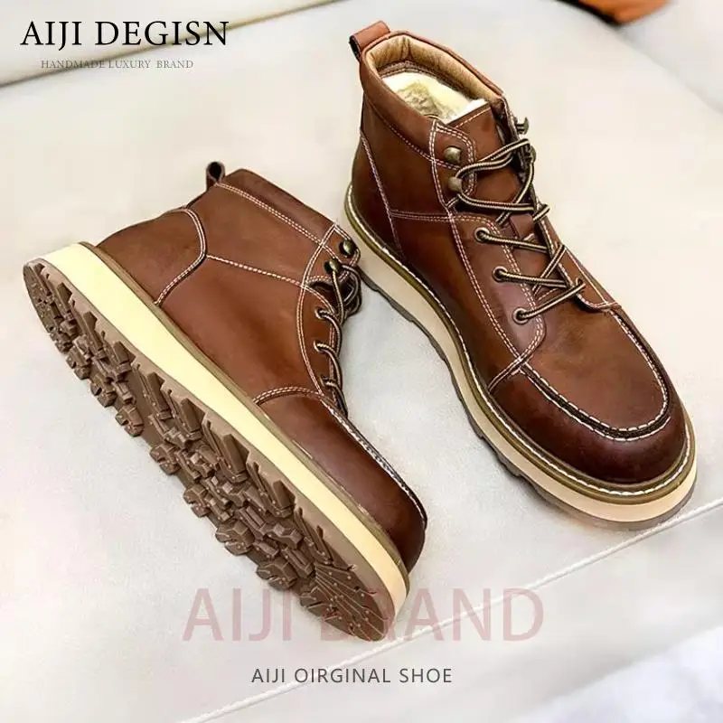 Vintage Thick Sole Outdoor Walking Winter Snow Boots Men's Shoes Non-slip Wear-resistant Casual Warm Wool Genuine Leather Boots - Image 2