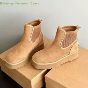 New Models Thick Sole Snow Boots Square Head Waterproof Platform Women's Boots Plush Thickening Fur And Leather Ankle Boots