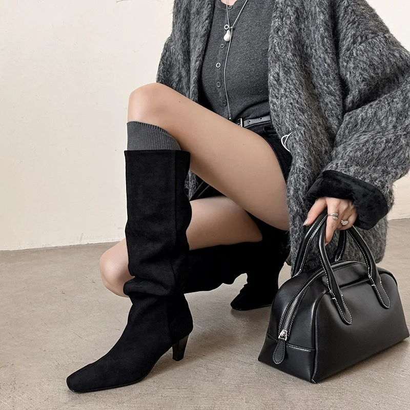 Arden Furtado Autumn apricot suede Pleated Modern boots Square toe pull-on Chunky heels Knee high boots Large size Women's Boots - Image 3