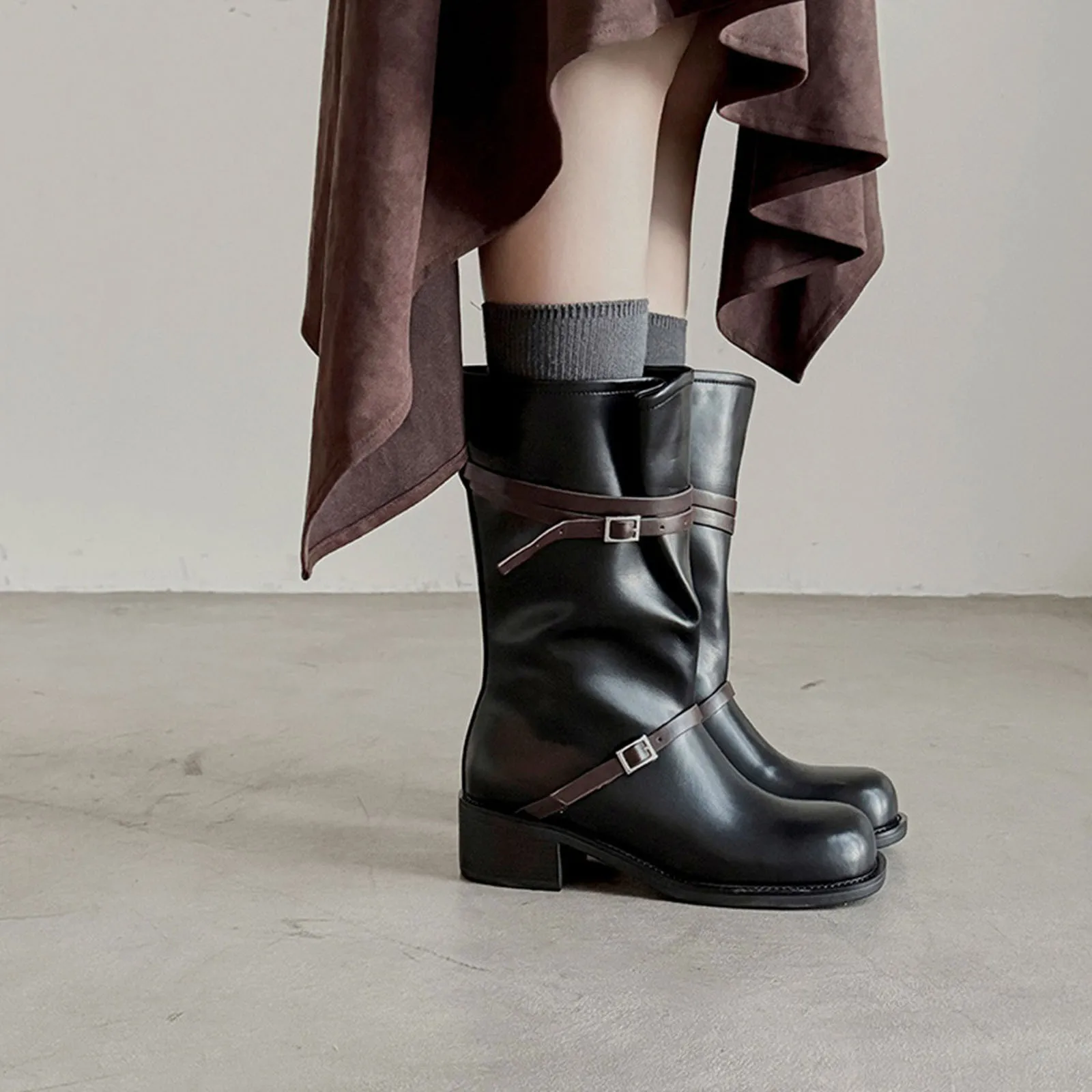 Arden Furtado Autumn cowhide Mixed Colors Riding boots Round toe Pull-on Middle heel Mid-Calf boots Belt buckle Women's Boots - Image 3