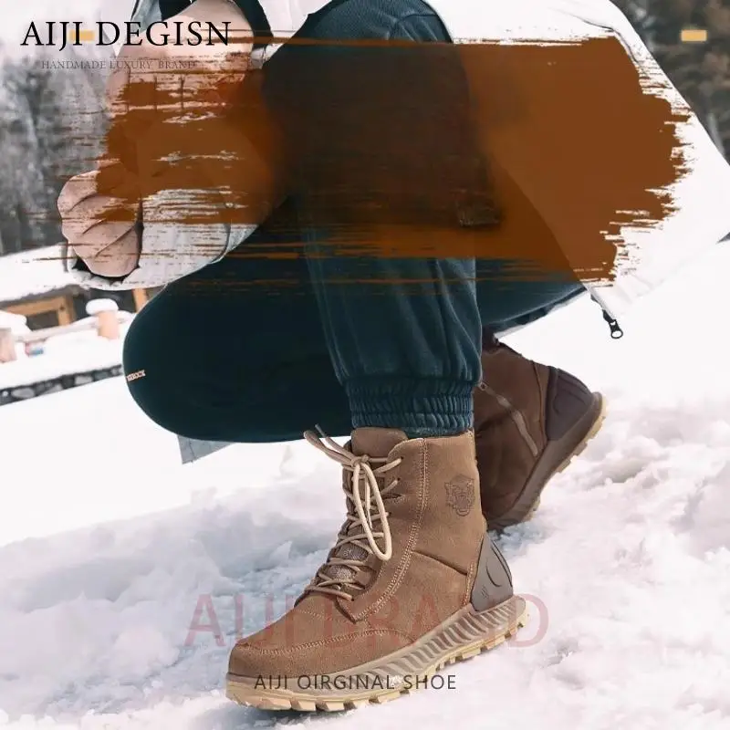 Winter Snow Boots Men's Fur Lace Up High Top Thick Warm Wool Shoes Male Cow Suede Hiking Casual Ankle Boots Youth - Image 5