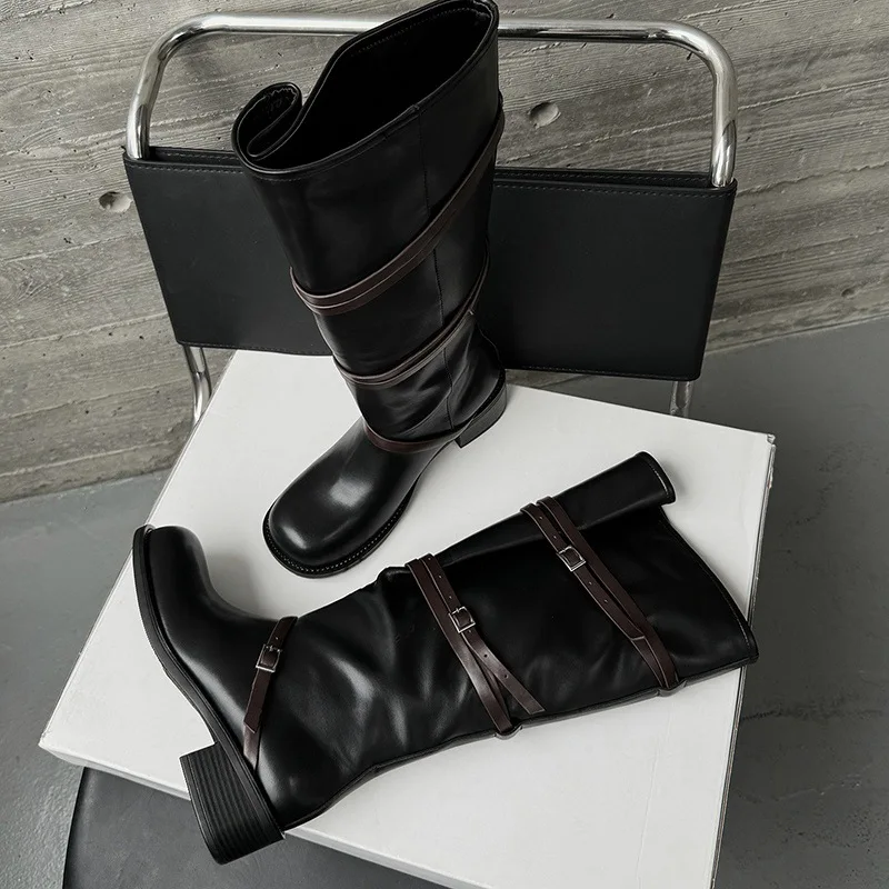 Arden Furtado Autumn cowhide Mixed Colors Riding boots Round toe Pull-on Middle heel Mid-Calf boots Belt buckle Women's Boots - Image 5