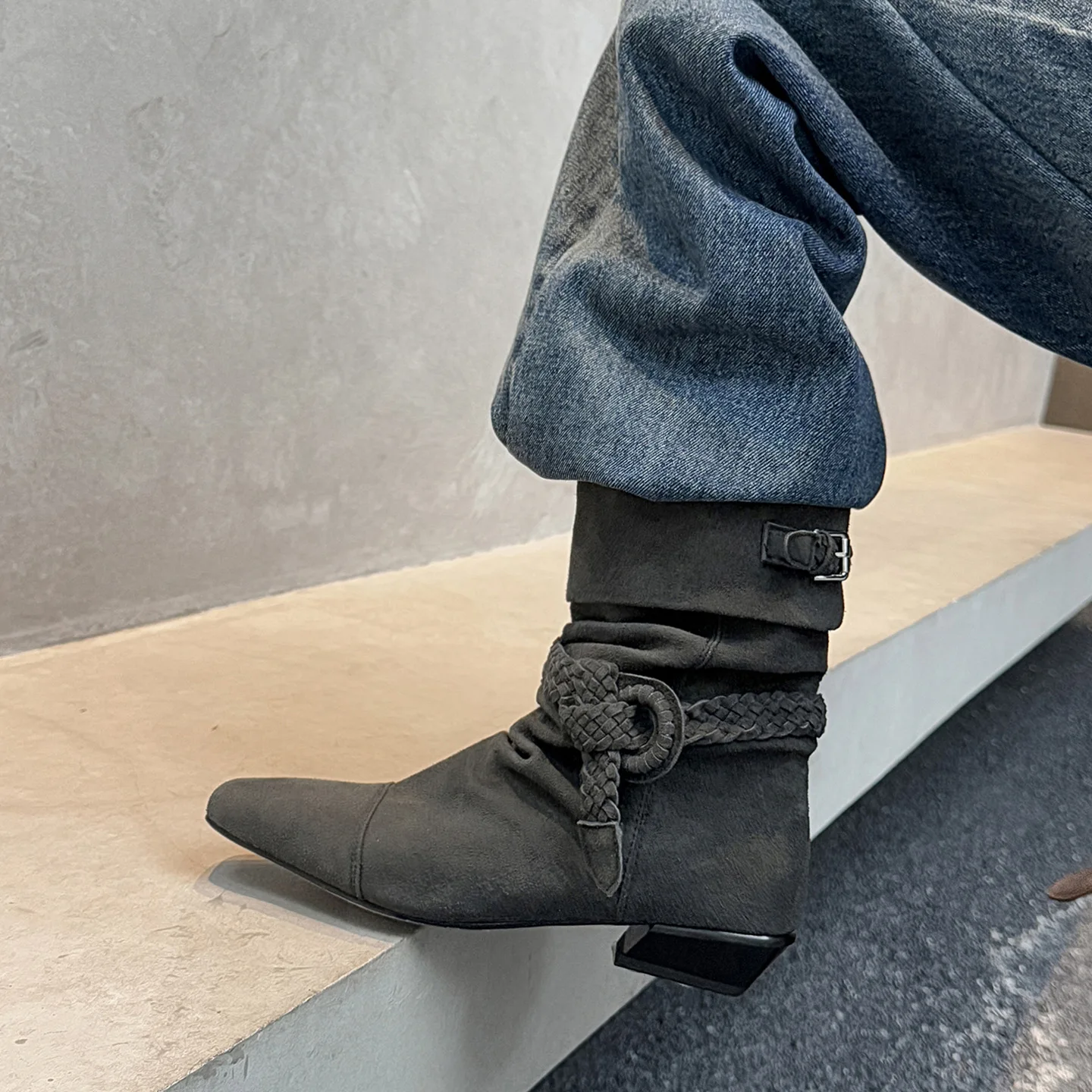 Arden Furtado Cow suede weave Pleated Short boots Square toe pull-on Turned-over Edge Middle heel Western boots Women's Boots - Image 3