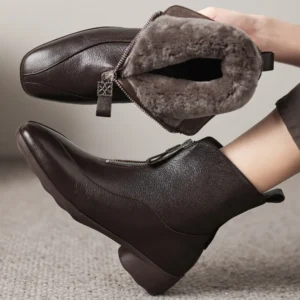 Women's sheepskin square toe front zip wool inside winter ankle snow boots 4cm thick low heel high quality soft short booties