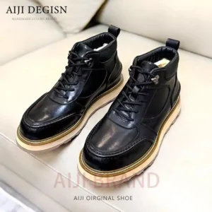 Male Winter Vintage Motorcycle Casual Cotton Shoes Men Cowhide Round Toe Genuine Leather Thick Sole Outdoor Sport Snow Boots