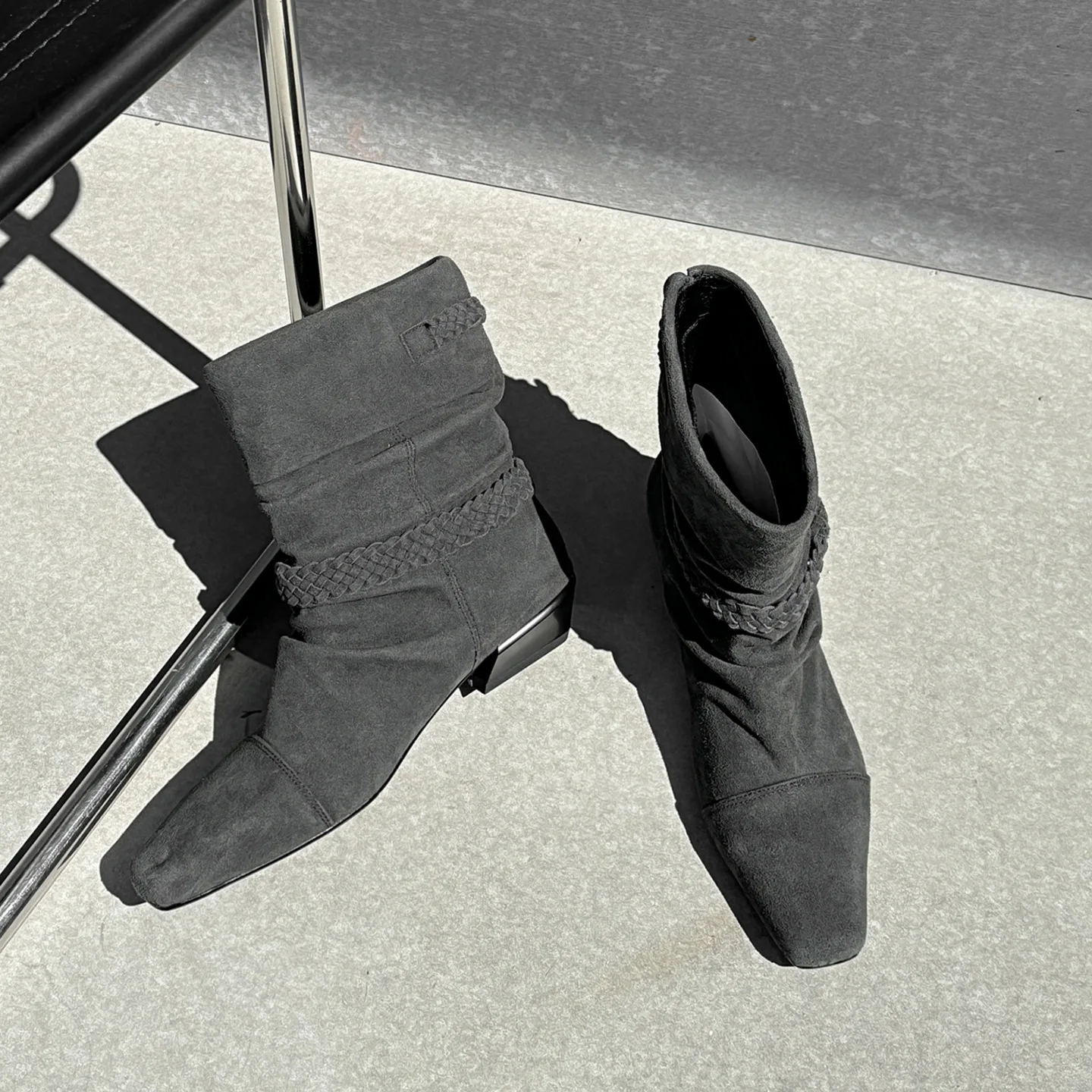 Arden Furtado Cow suede weave Pleated Short boots Square toe pull-on Turned-over Edge Middle heel Western boots Women's Boots - Image 5