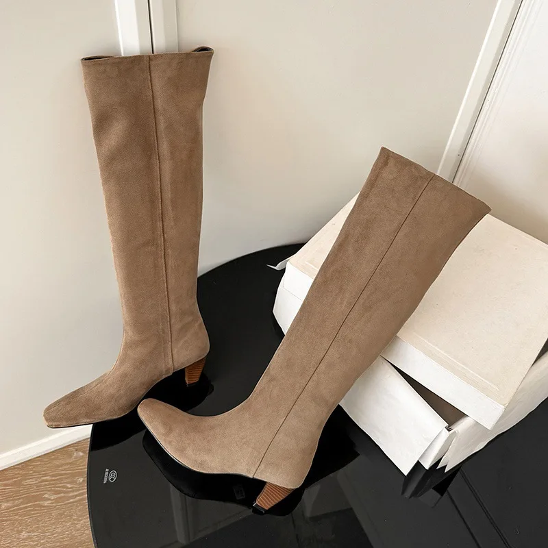 Arden Furtado Autumn apricot suede Pleated Modern boots Square toe pull-on Chunky heels Knee high boots Large size Women's Boots - Image 5