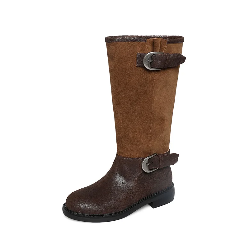 Arden Furtado Autumn cowhide Mixed Colors Riding boots Round toe Pull-on Middle heel Knee high boots Belt buckle Women's Boots - Image 6