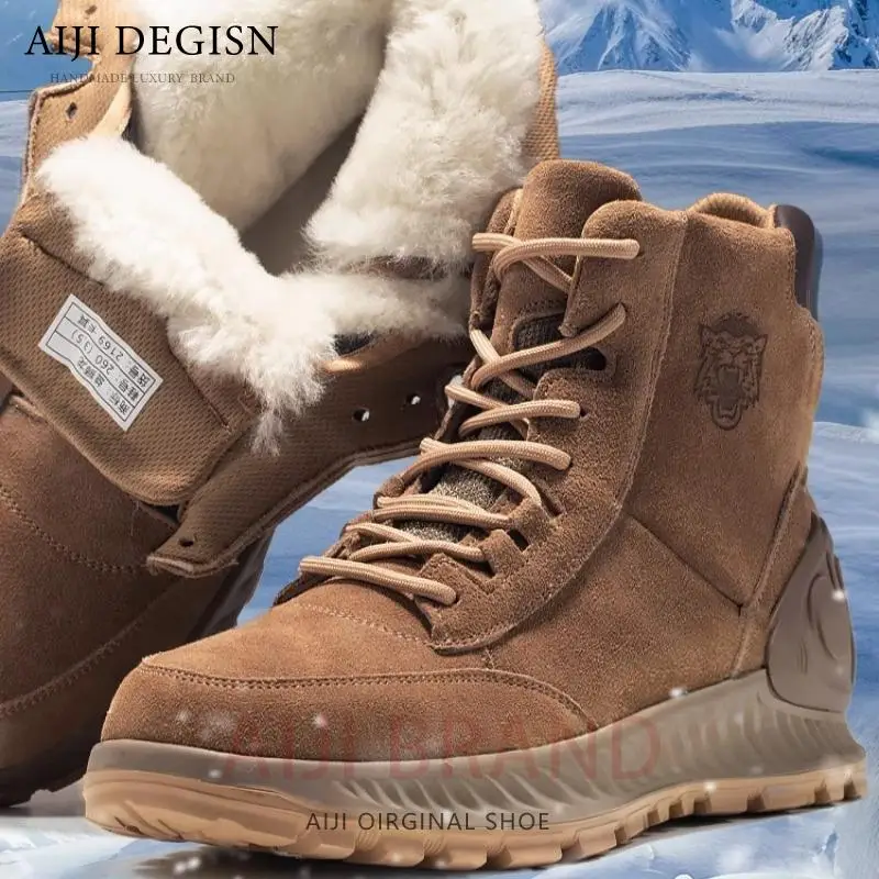 Winter Snow Boots Men's Fur Lace Up High Top Thick Warm Wool Shoes Male Cow Suede Hiking Casual Ankle Boots Youth - Image 3