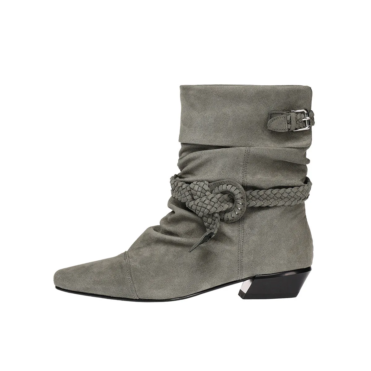 Arden Furtado Cow suede weave Pleated Short boots Square toe pull-on Turned-over Edge Middle heel Western boots Women's Boots - Image 6