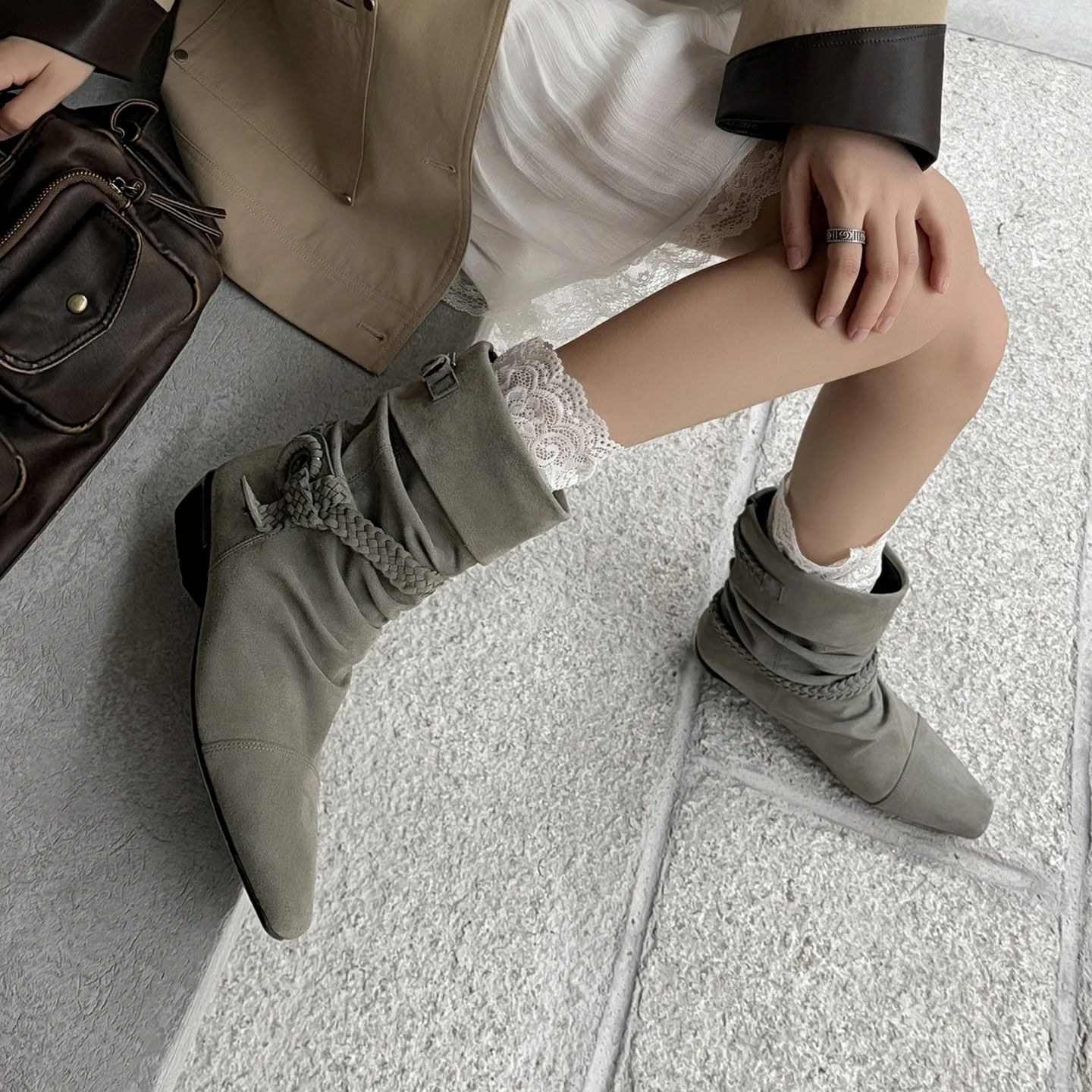 Arden Furtado Cow suede weave Pleated Short boots Square toe pull-on Turned-over Edge Middle heel Western boots Women's Boots - Image 2