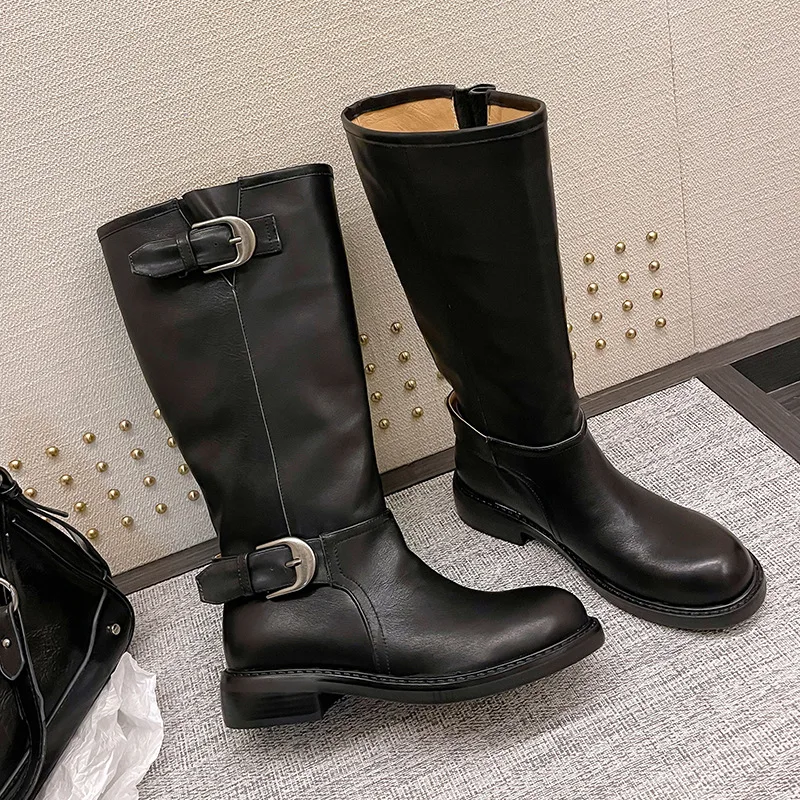 Arden Furtado Autumn cowhide Mixed Colors Riding boots Round toe Pull-on Middle heel Knee high boots Belt buckle Women's Boots - Image 5