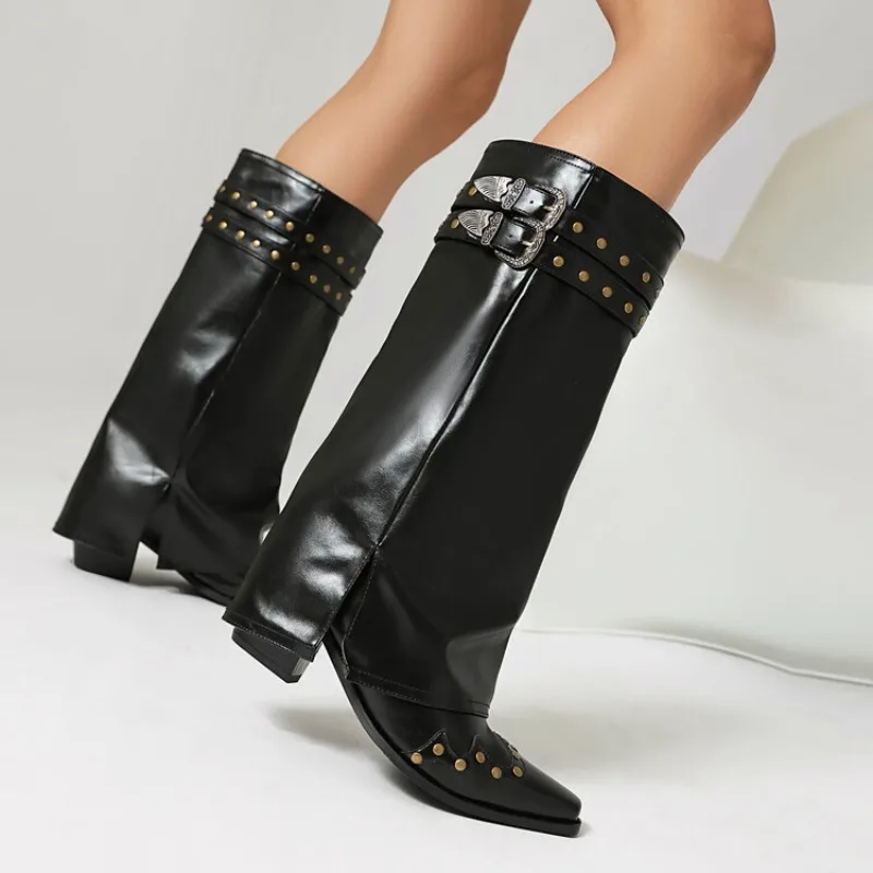 2024 Rivet PU Knee High Boots Pointed 6cm Square Heel Belt Buckle Denim Skirt Boots 35-45 Fashion Men's and Women's Winter Boots - Image 2