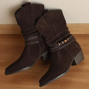 Women's natural suede leather round toe beading decoration slip-on autumn ankle boots 4.5cm thick med heel elegant short booties