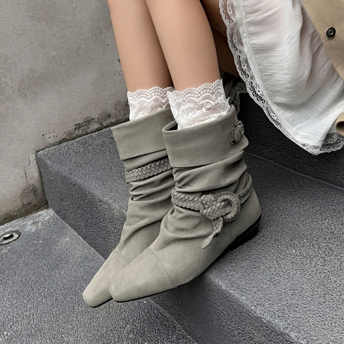 Arden Furtado Cow suede weave Pleated Short boots Square toe pull-on Turned-over Edge Middle heel Western boots Women's Boots - Image 4