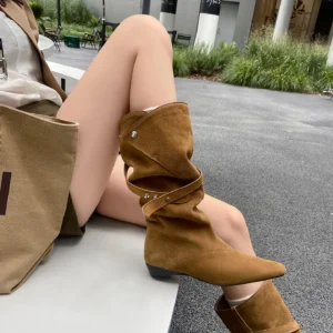 Arden Furtado Autumn apricot Cow suede Pleated Modern boots Pointed toe Slip-on Middle heel rivet Mid-Calf boots Women's Boots