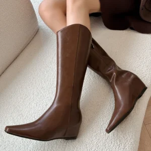 Women's genuine leather square toe back zip autumn knee high knight boots 5.5cm wedge med heel casual female long boots shoes