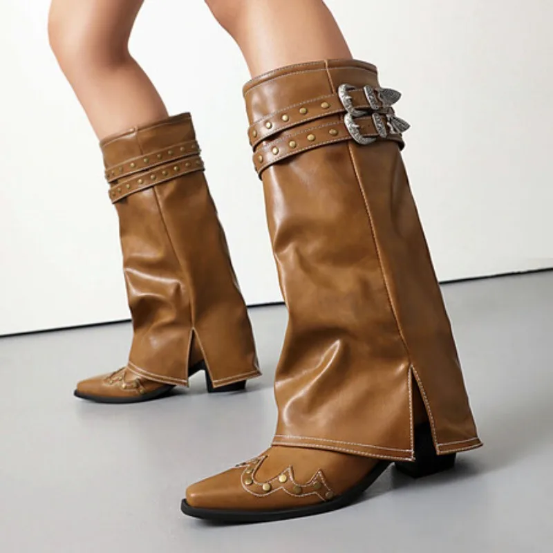 2024 Rivet PU Knee High Boots Pointed 6cm Square Heel Belt Buckle Denim Skirt Boots 35-45 Fashion Men's and Women's Winter Boots - Image 5